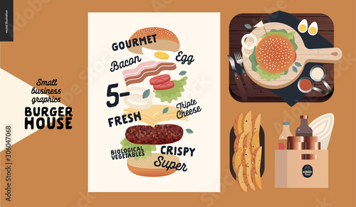 Burger house -small business graphics - restaurant food and poster -modern flat vector concept illustrations -french fries, wooden cutting board, burger, sauce, eggs, cutlery, condiments