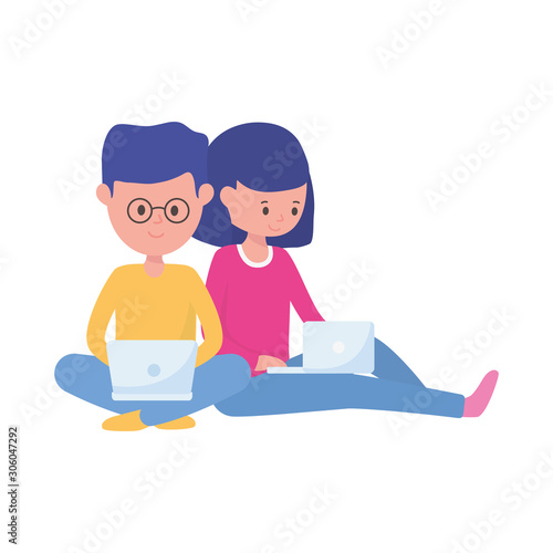 young students boy and girl with laptop learning online