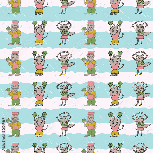 Vector cyan stripes vertical anthropomorphic characters seamless pattern background