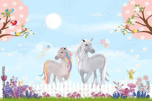 Cartoon landscape of spring with cute princess,unicorn and little fairies flying with butterfly on wild grass flower and cherry blossom,Spring scene with happy girl and horse walking under Sakura tree