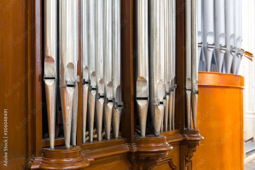 Obraz premium Organ pipes closeup, antique musical instrument