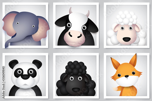 cute animal set in frame for little kids,vector pictures isolated on white background.
