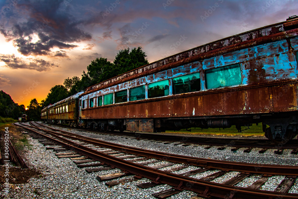 abandoned railway in the sunset