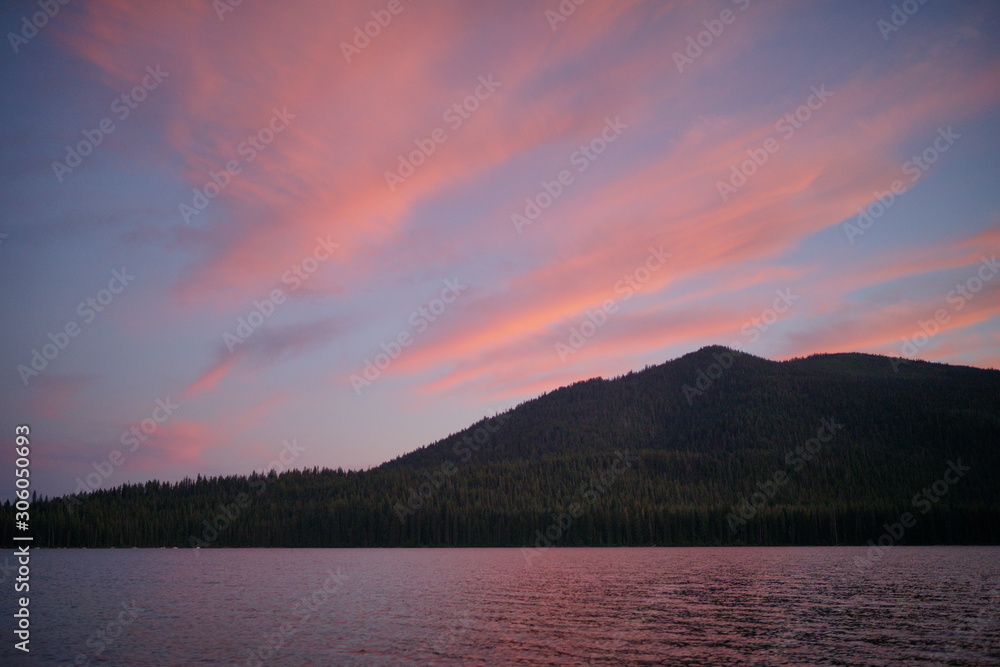 The sunset as seen from the shore of Cultus Lake in Oregon