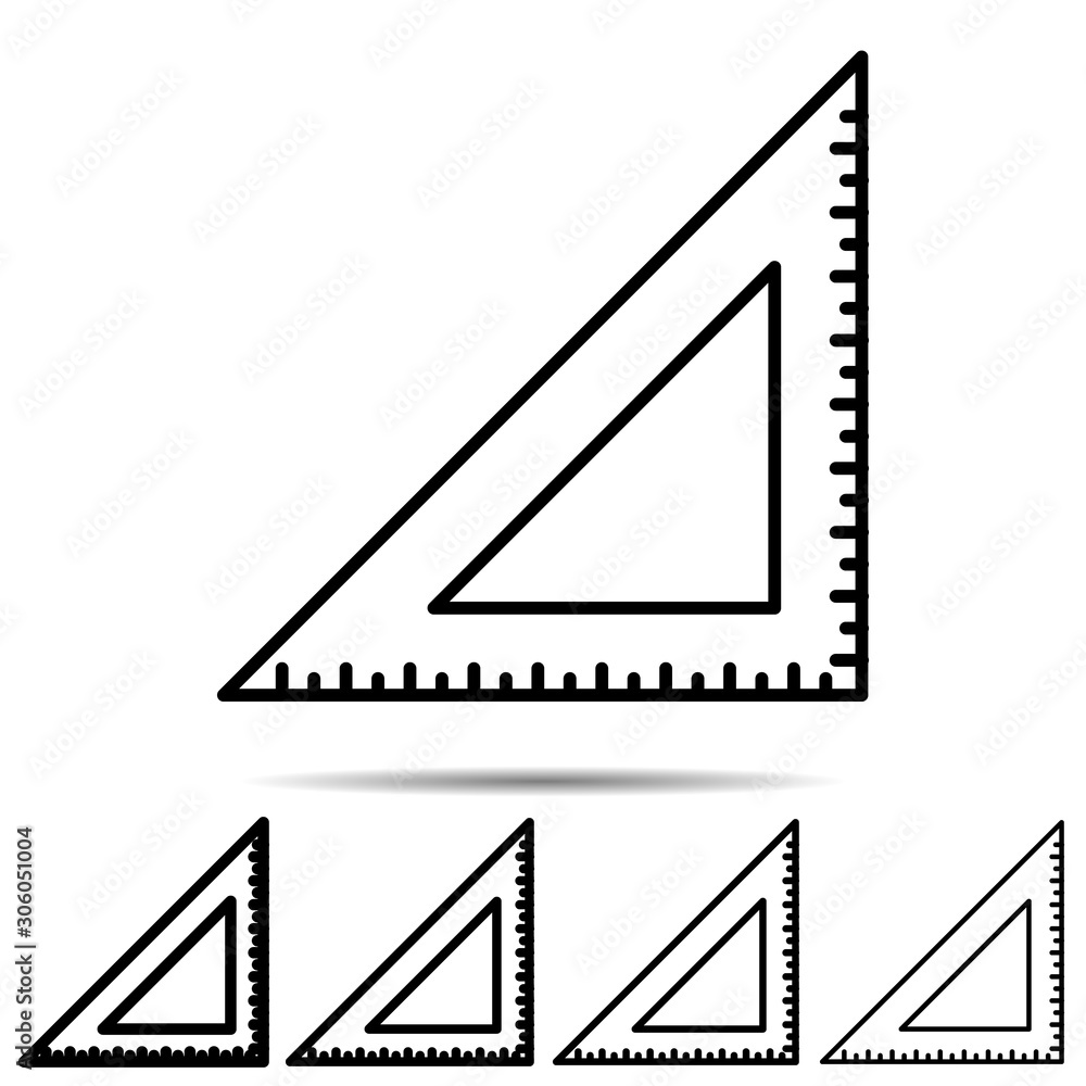 Triangular ruler icon in different shapes. Simple thin line, outline vector of education icons for ui and ux, website or mobile application