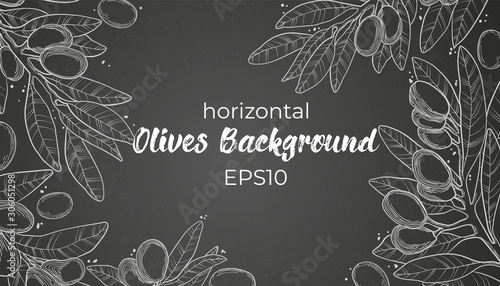 Vector horizontal hand drawn banner template with line art olive branch, leaves, berry and copy space for your text on black board. Olives chalk illustration background in sketch style. 