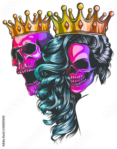 King and queen of death. Portrait of a skull with a crown.