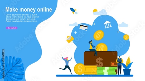 Website or landing page of men and woman with big wallet and stack of coin, online payment, e transfer digital wallet .Vector Illustration, Suitable For web landing page,Wallpaper, Background,banner