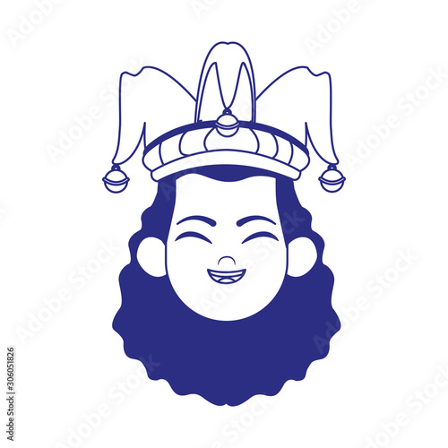 cartoon happy girl with jester hat icon, flat design
