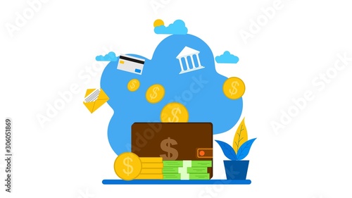 big wallet and stack of coin, online payment, e transfer digital wallet .Vector Illustration, Suitable For web landing page,Wallpaper, Background,banner,Book Illustration