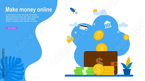 big wallet and stack of coin, online payment, e transfer digital wallet .Vector Illustration, Suitable For web landing page,Wallpaper, Background,banner,Book Illustration