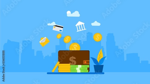 Website or landing page of big wallet and stack of coin, online payment, e transfer digital wallet .Vector Illustration, Suitable For web landing page,Wallpaper, Background,banner,Book Illustration