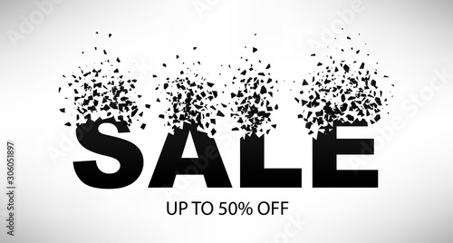 exploding text SALE with debris. Isolated black illustration