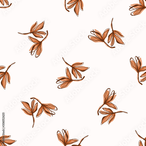 Floral Leaf Motif Watercolor Background. Seamless Vector Pattern Brown on White. Delicate Hand Drawn for Textile Print, Autumn Fall Rustic Home Decor. Aquarelle Artwork Repeat Tile EPS 10