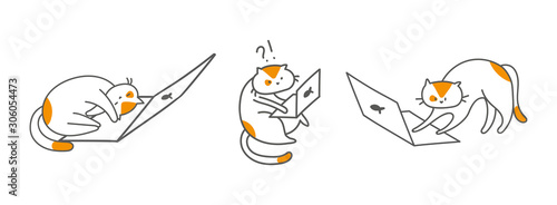 Cute cat character with laptop in different poses, design outline of cat. kitty working at the computer online. Draw doodle style. 