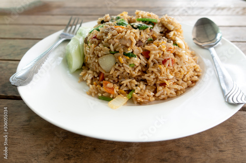 Close-up of Fried rice with pork.