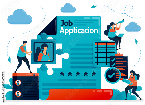 Application form for accepting new employees, hiring employees by reading cv and resume, choose worker on job resume, agency interview. Vector illustration for business card, banner, brochure, flyer