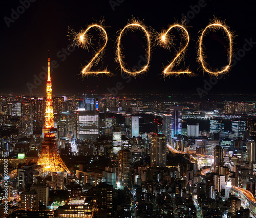 2020 Happy New Year fireworks over Tokyo cityscape at night, Japan © geargodz