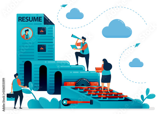 Write a resume, personal profile, cv to apply for job. Jobseekers for  typewriter. Recruitment agency business. We're hiring employee. Vector illustration for business card, banner, brochure, flyer