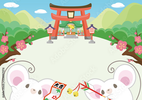 2020年　子年　初詣に行くねずみのテンプレート	 文字無し