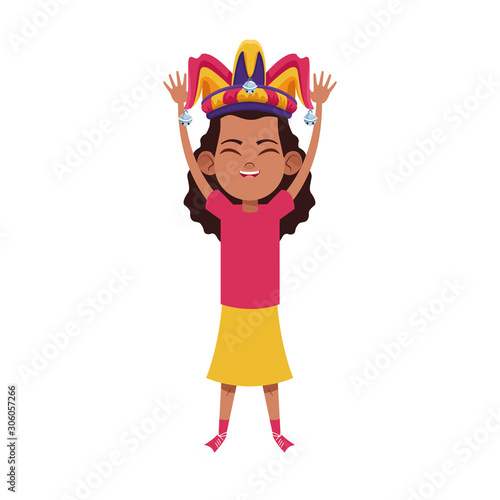 cartoon girl with jester hat icon, flat design