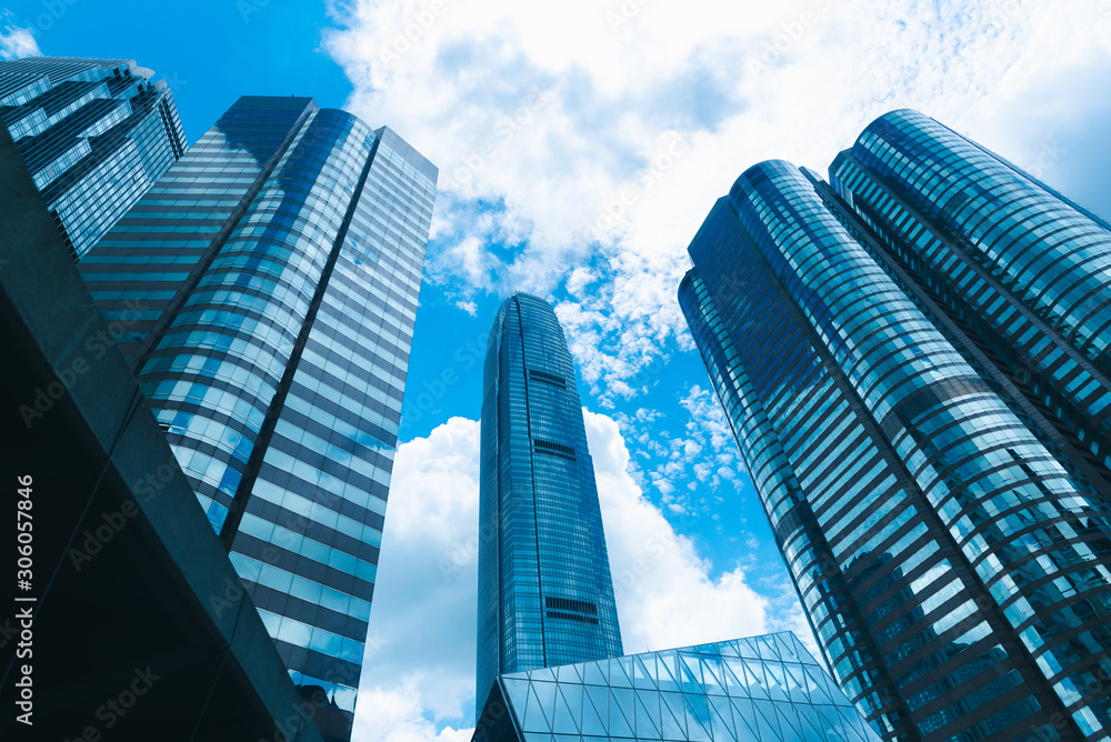 skyscraper building in Hong Kong, city view in blue filter