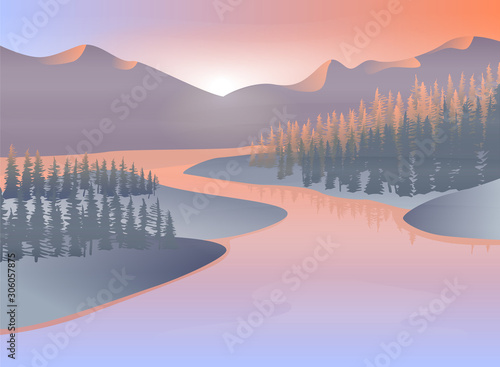 travel landscape with abstract mountain and river in sunrise or sunset