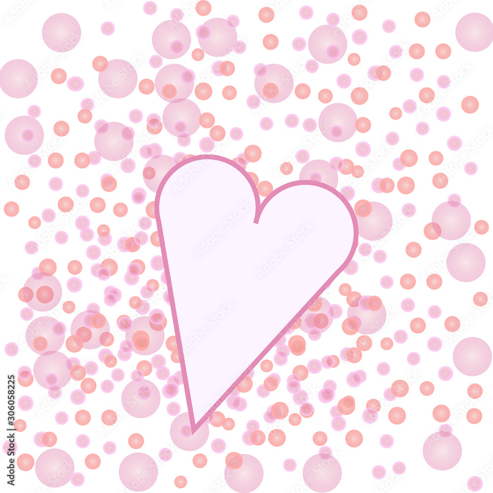 Pink translucent beads on white background. Holiday background. heart in center for text  . Background decoration. Beautiful background on valentin day.