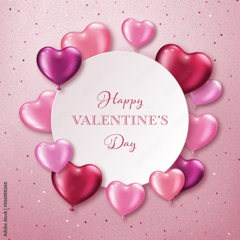 Valentines Day background with realistic heart-shaped balloons. Greeting card, invitation or banner template