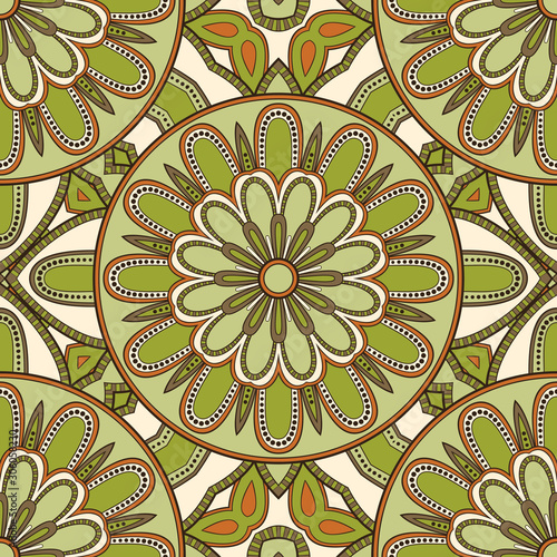 Decorative colorful ethnic seamless pattern for fabric or wrapping in oriental style. Hand drawn illustration