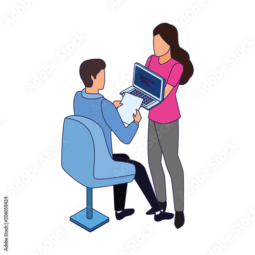 avatar woman showing a laptop computer and man sitting on a chair icon