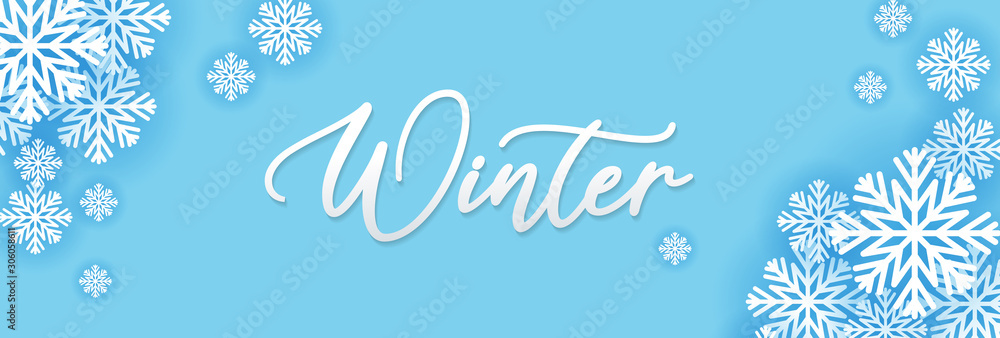 winter abstract background design Creative concept, A snow icon scattered with winter letters on a light blue background. Space copy text Area. Vector illustration.