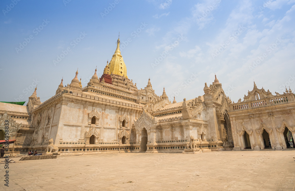 The renovation of the famous Ananda Pagoda with blue sky background on Apirl 2018 in Bagan Mandalay, Myanmar