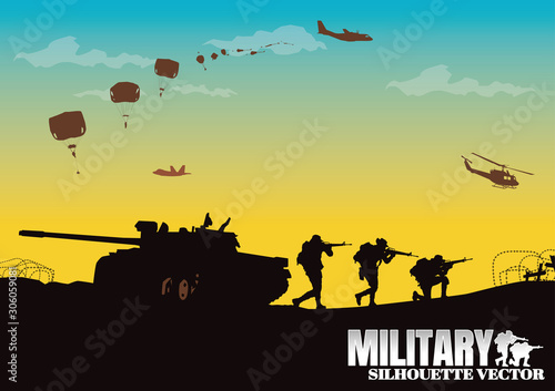 Military vector illustration  Army background  soldiers silhouettes.