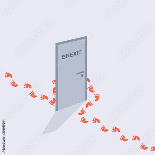 Image relative to politic situation between great britain and european union. Politic process named as brexit. Human footprints bypass the door with the inscription Brexit text