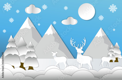 Fototapeta Naklejka Na Ścianę i Meble -  Illustration of winter season with the Mountains, trees and deer . Creative concept of winter celebration. Paper art style. Vector illustration.