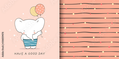 Draw greeting card and print pattern of elephant with balloon.