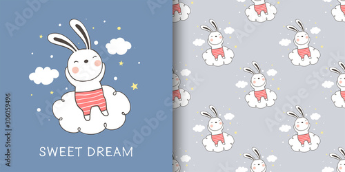Draw greeting card and print pattern of rabbit sleeping.