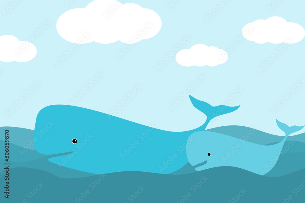 A whale and a baby whale happily swimming in the ocean. A whale and a baby whale happily swimming in the ocean.