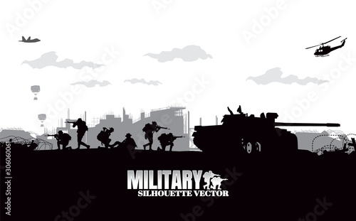 Military vector illustration, Army background, soldiers silhouettes. © iAmseki
