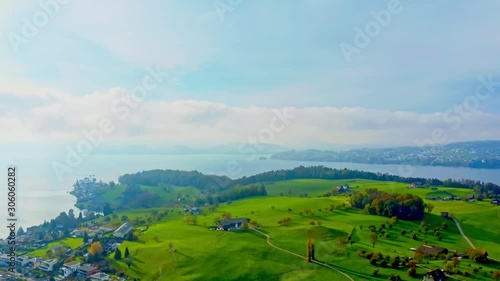 Wide panorama aerial view. Canton of Lucerne.  Lake Vierwaldstattersee.