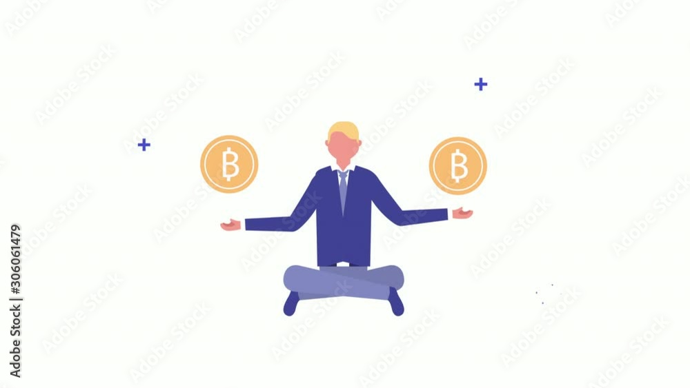 businessman seated in lotus position with bitcoins businessman seated in lotus position with bitcoins
