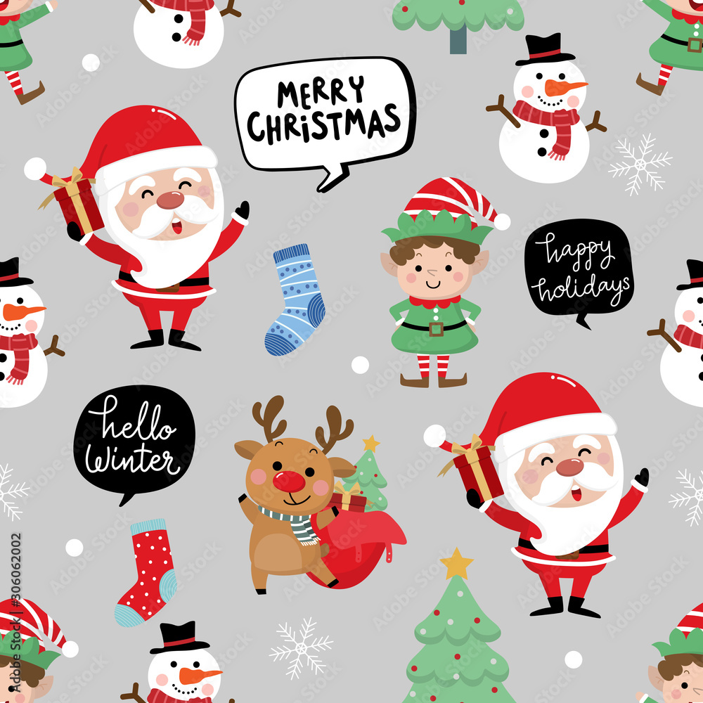 Merry Christmas greeting card background. Santa Claus, deer, snowman and little elf seamless pattern. Cute holiday cartoon character vector set. Merry Christmas greeting card background. Santa Claus, deer, snowman and little elf seamless pattern. Cute holiday cartoon character vector set.