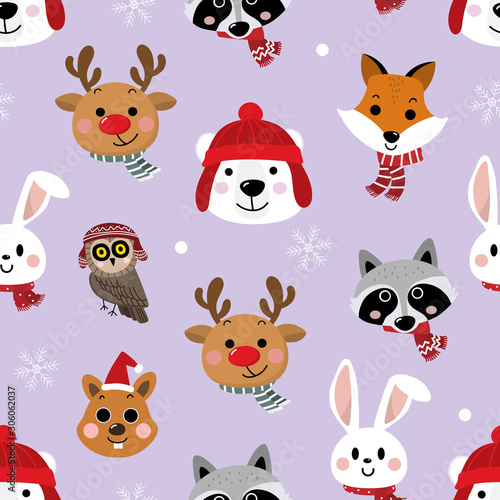 Christmas holidays seamless pattern background. Cute wildlife animal face with polar bear, reindeer, squirrel, owl. racoon and rabbit in winter costume. - Vector