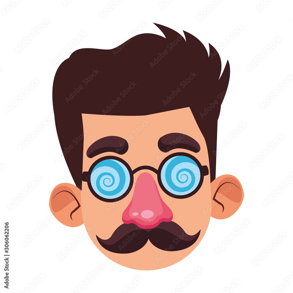 cartoon man face with crazy glasses and mustache, flat design