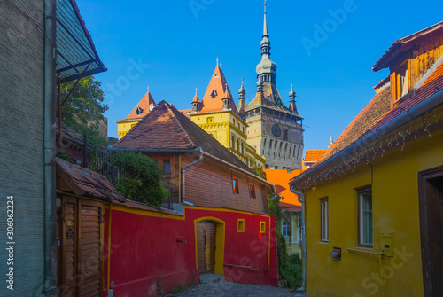 Medieval clock tower in Sighisoara, Romania photo