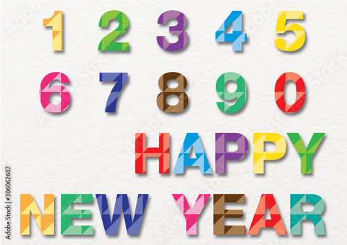 Colorful numbers and HAPPY NEW YEAR wording in polygon vector design.