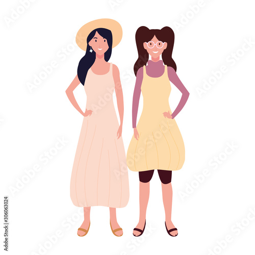 women standing with different poses on white background