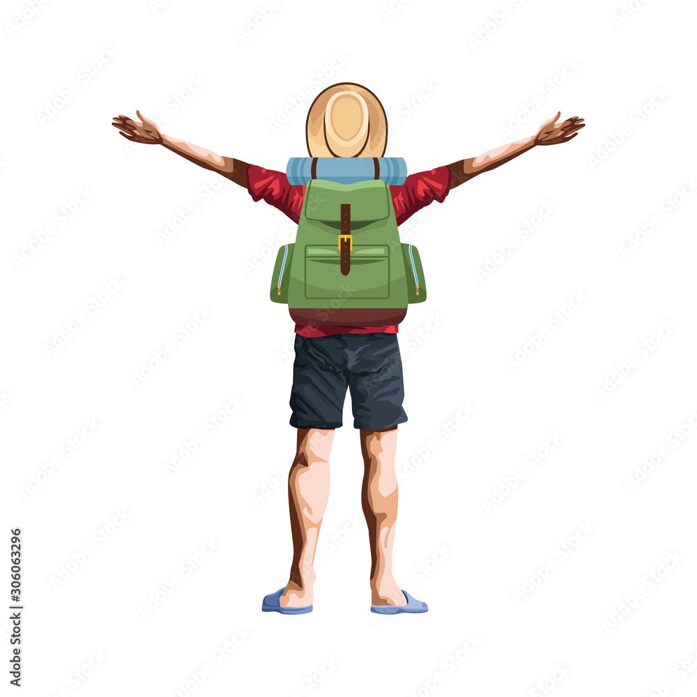 man back with camping backpack and arms up icon man back with camping backpack and arms up icon