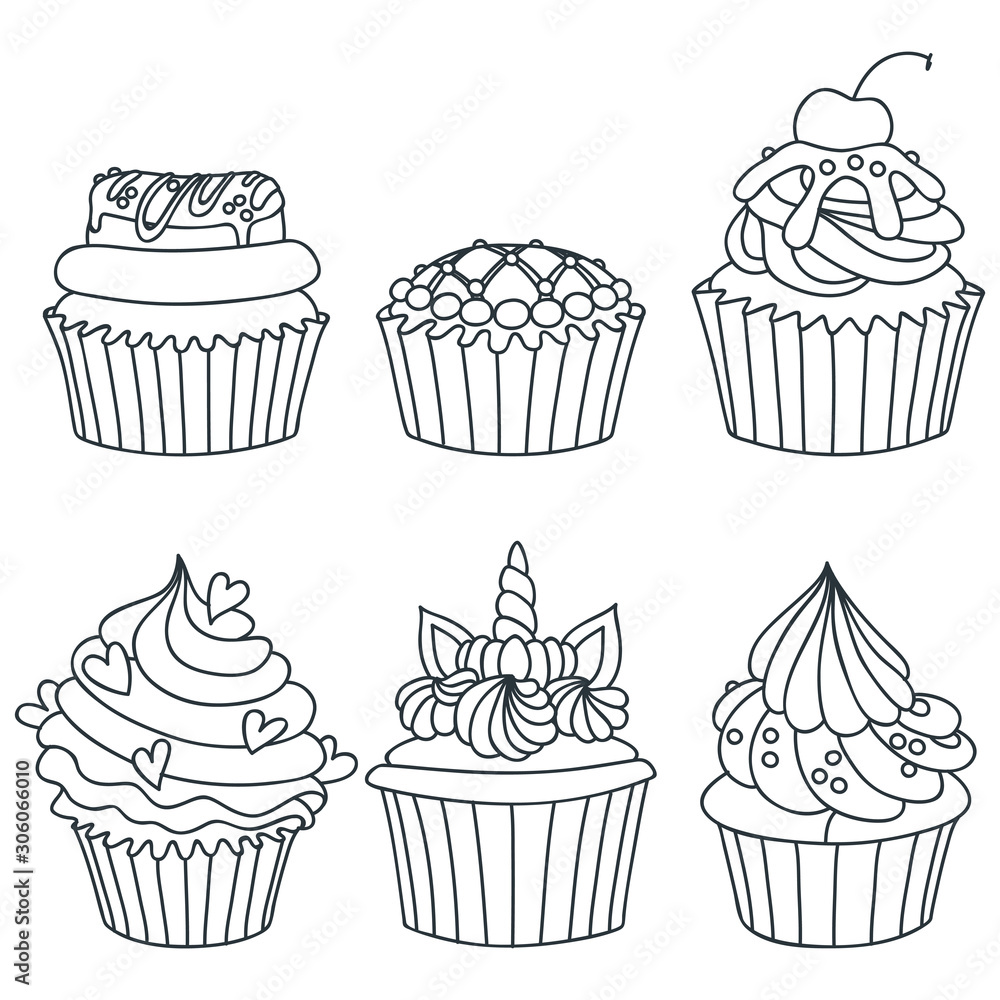 Set of cupcakes. Black-n-white Hand drawn illustration of cupcakes decorated with cream, donut, cherry and hearts. Isolated on white background. Vector 8 EPS. Set of cupcakes. Black-n-white Hand drawn illustration of cupcakes decorated with cream, donut, cherry and hearts. Isolated on white background. Vector 8 EPS.